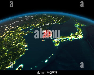 Orbit view of South Korea highlighted in red on planet Earth. 3D ...