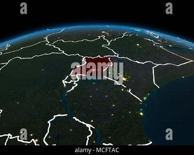 Space orbit view of Uganda highlighted in red on planet Earth at night with visible country borders and city lights. 3D illustration. Elements of this Stock Photo