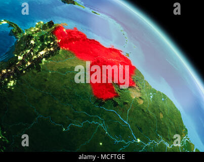 Satellite morning view of Venezuela highlighted in red on planet Earth. 3D illustration. Elements of this image furnished by NASA. Stock Photo