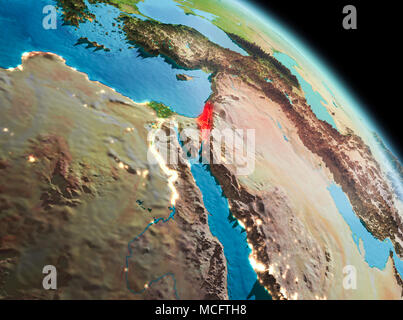 Satellite morning view of Israel highlighted in red on planet Earth. 3D illustration. Elements of this image furnished by NASA. Stock Photo