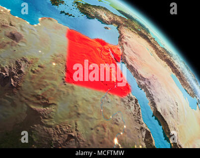 Satellite morning view of Egypt highlighted in red on planet Earth. 3D illustration. Elements of this image furnished by NASA. Stock Photo