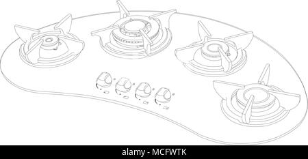 Line Drawing of Kitchen Tabletop Gas Hob Stock Vector