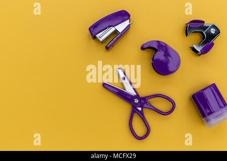 Stationery set on bright yellow background Stock Photo