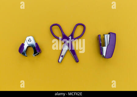 Stationery set on bright yellow background Stock Photo