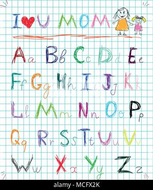 Multicolored baby sketch hand drawn doodle alphabet letters on squared notebook page isolated vector illustration with I love you mom headline and kid Stock Vector