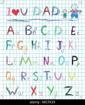 Multicolored baby sketch hand drawn doodle alphabet letters on squared notebook page isolated vector illustration with I love you dad headline and chi Stock Vector