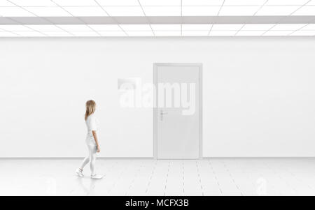 Woman Stand Near Blank Name Plate Design Mockup Hanging On Door Door Sign Mock Up Template On Entry In Cabinet Office Hall Interior With Nameplate O Stock Photo Alamy