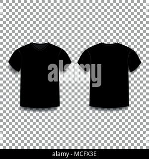 Black men's t-shirt template v-neck front and back side views. Vector of male t-shirt wearing illustration isolated on transparent background. Stock Vector