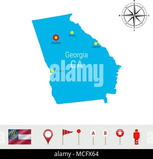 Georgia Vector Map Isolated on White Background. High Detailed Silhouette of Georgia State. Vector Flag of Georgia. 3D Map Markers or Pointers, Naviga Stock Vector