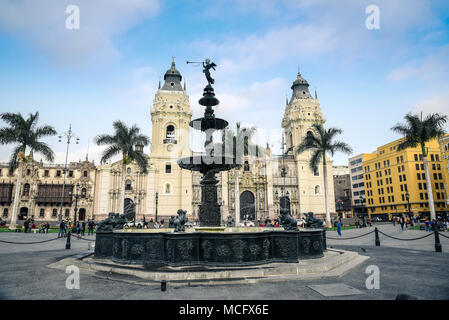 Lima / Peru - 07.18.2017: Colonial fountain in Plaza de Armas Stock Photo