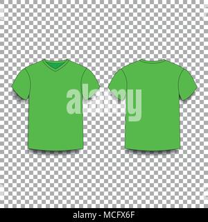 Green, men's t-shirt template v-neck front and back side views. Vector of male t-shirt wearing illustration isolated on transparent background. Stock Vector