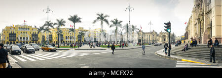 Panoramic view at the main square Plaza de Armas in Lima, Peru. Stock Photo