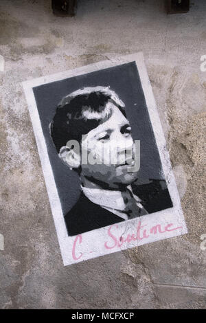 Painting on a wall of a narrow lane - photographs of artists who visited and worked in Céret, Pyrénées-Orientales, Occitaine Region, southern France. Stock Photo