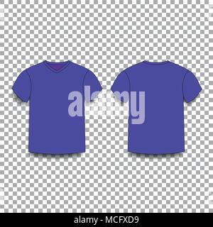 Violet men's t-shirt template v-neck front and back side views. Vector of male t-shirt wearing illustration isolated on transparent background. Stock Vector