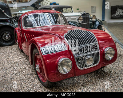 PRAGUE, CZECH REPUBLIC - MARCH 8 2017: Red oldtimer Jawa 750, from 1935, showcased in the National Technical Museum of Prague Stock Photo