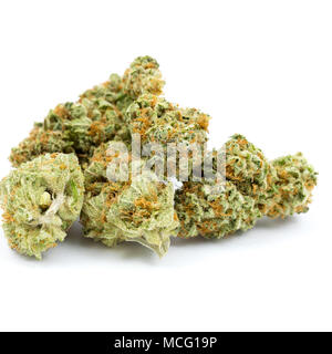 Marijuana flower, often called buds or cannabis, against an isolated white background shot in a dispensary in Oregon where these drugs are now legal. Stock Photo