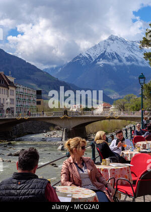 Street caf at winter promenade, Meran-Merano, province Bozen-South Tyrol, Italy Stock Photo