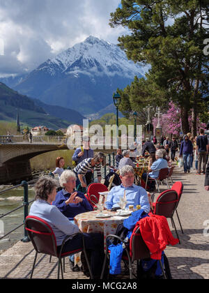 Street caf at winter promenade, Meran-Merano, province Bozen-South Tyrol, Italy Stock Photo