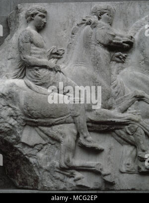 Parthenon. North Frieze. Horseman. Stone number N XLIV, Figures, N 122, N 123. 5th century BC. Pentelic marble. Acropolis of Athens, Greece. British Museum. London, United Kingdom. Stock Photo