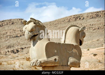 The statue of fairy creature Homa or Huma bird at Persepolis, Takht-e Jamshid , the ceremonial capital of the Achaemenid Empire - Iran Stock Photo