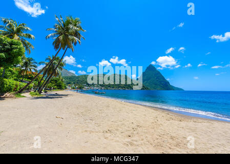 Paradise beach at Soufriere Bay with view to Piton at small town Soufriere in Saint Lucia, Tropical Caribbean Island. Stock Photo
