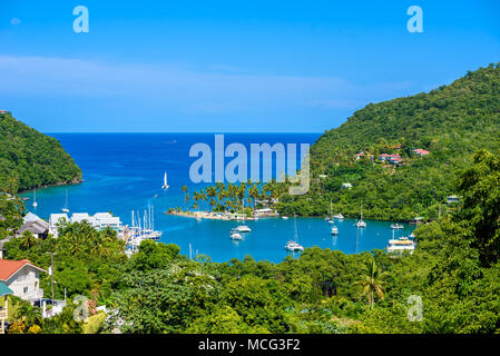 Marigot Bay, Saint Lucia, Caribbean. Tropical bay and beach in exotic and paradise landscape scenery. Marigot Bay is located on the west coast of the Stock Photo