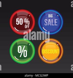 Colorful sales glossy buttons on dark background, vector illustration. Stock Vector