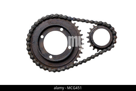 Old rusty chain gear, small and large collars. Isolated on a white background Stock Photo