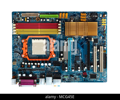 Motherboard  in blue with slots PCI,  AGP, DDR, CPU  Visible heat sink. View from above Stock Photo