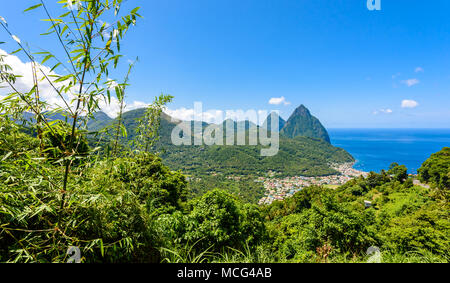 Gros and Petit Pitons near village Soufriere on Caribbean island St Lucia - tropical and paradise landscape scenery on Saint Lucia Stock Photo