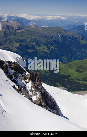 Mettlanalp and Wengernalp, the Lauterbrunnen Valley beyond and the Lobhörner in the far distance, from the Sphinx Observatory, Jungfraujoch  Stock Photo