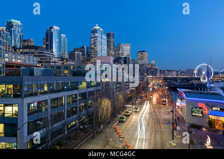 WA14394-00...WASHINGTON - View of the Seattle waterfront area from the pedestrian overpass crossing Alaska Way at Pier 66. Stock Photo