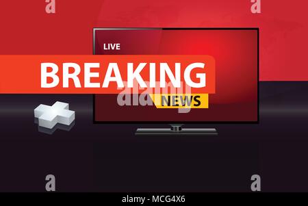 3D plus sign with modern flat  screen TV, health care breaking news concept. Stock Vector