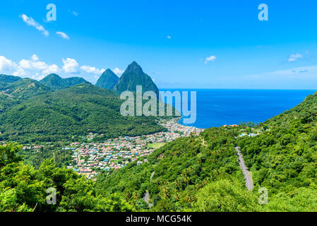 Gros and Petit Pitons near village Soufriere on Caribbean island St Lucia - tropical and paradise landscape scenery on Saint Lucia Stock Photo
