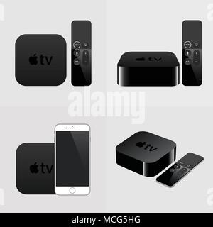 Smart tv with remote and smartphone, modern airplay television, vector illustration isolated on gray background Stock Vector