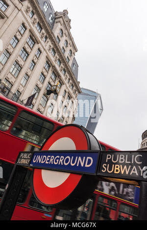 the London underground logo or sign at monument tube station ouside of the house of fraser flagship store in the city of London financial district. Stock Photo