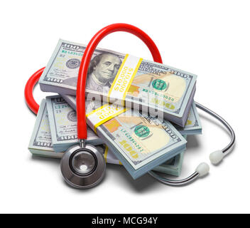 Pile of Money with a Stethoscope Isolated on a White Background. Stock Photo