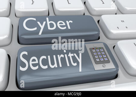 3D illustration of computer keyboard with the script Cyber Security on two adjacent gray buttons, with a security keypad placed on one of these button