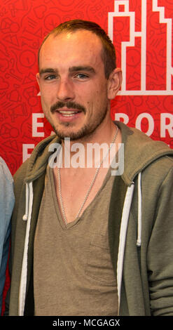 Eschborn, Germany. 16th Apr, 2018.  John Degenkolb at the press conference of the Eschborn-Frankfurt Cycling race, an annual classic cycling race starting in Eschborn and finishing at Opernplatz in Frankfurt, Germany. Credit: Markus Wissmann/Alamy Live News Stock Photo