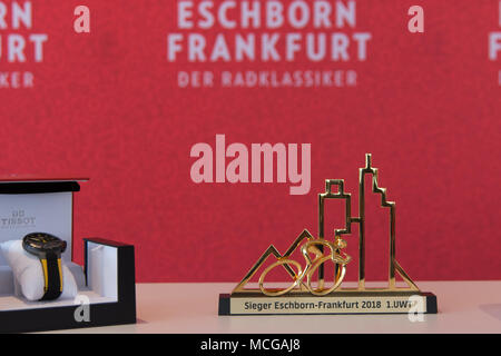 Eschborn, Germany. 16th Apr, 2018. Press conference of the Eschborn-Frankfurt Cycling race, an annual classic cycling race starting in Eschborn and finishing at Opernplatz in Frankfurt, Germany. Credit: Markus Wissmann/Alamy Live News Stock Photo