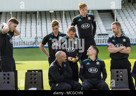 London, UK. 16th Apr, 2018. Some of Surrey County Cricket Club players prepare for the team photograph on media day at the Oval. Credit: David Rowe/Alamy Live News