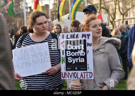 Parliament Square, London, UK. 16th April 2018. The Stop The war Coalition protest, Don't Bomb Syria is held in Parliament Square. Credit: Matthew Chattle/Alamy Live News Stock Photo