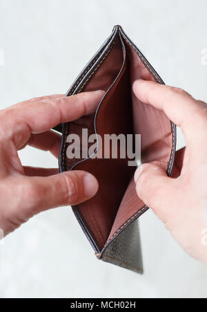 Hands holding an open wallet with no money Stock Photo