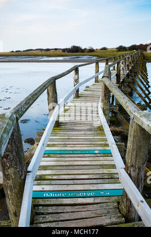 View of wooden footbridge leading to Aberlady Bay Nature Reserve on coast of Firth of Forth estuary in East Lothian, Scotland, UK Stock Photo