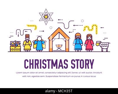 Merry Christmas thin line icons flat set background. Outline birth of Christ illustration background concept. Stock Vector