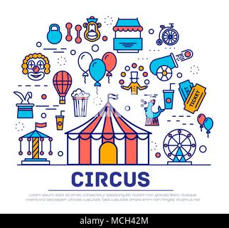 Premium quality circus outline icons collection set.  Festival linear symbol pack. Modern show template of thin line icons, logo, symbols, pictogram and flat  Stock Vector