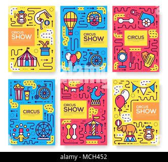 Set of thin line circus pattern concept. Art festival, magazine, book, poster, abstract, banners, element. Vector outline package greeting card or invitation design background Stock Vector