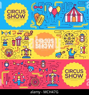 Premium quality circus outline icons infographic set. Festival linear symbol pack. Modern show template of thin line, logo, symbols, pictogram and flat illustrations vector concept banners Stock Vector