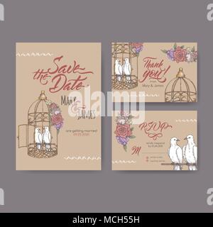 Set of three original attractive wedding cards based on doves in cage color sketch and brush calligraphy. Wedding invitation, save the date, RSVP and  Stock Vector