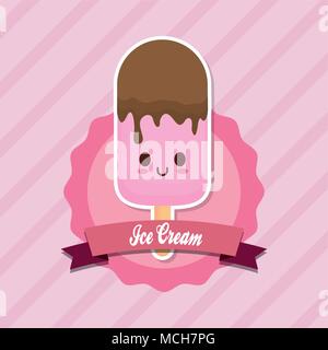 decorative emblem with kawaii ice cream bar icon over pink background, colorful design. vector illustration Stock Vector